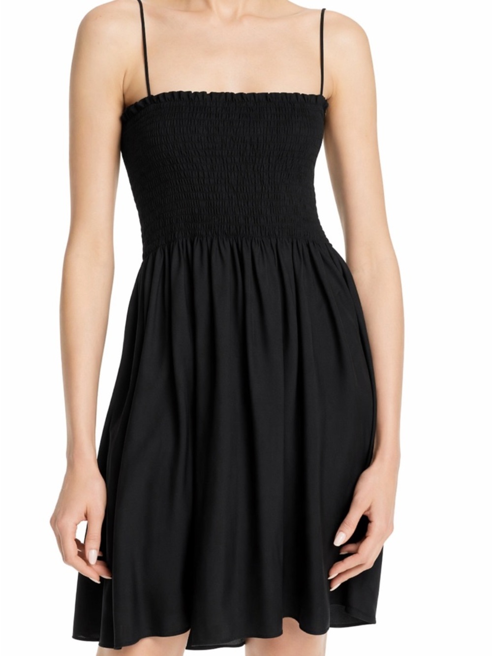 Theory Black Smocked Bodice Spaghetti Strap Mini Dress